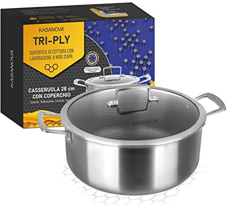KASANOVA casseruola antiaderente induzione Tri-ply, casseruola con coperchio in vetro, rivestimento antiaderente indistruttibile a 3 strati (Casseruola 28 cm)