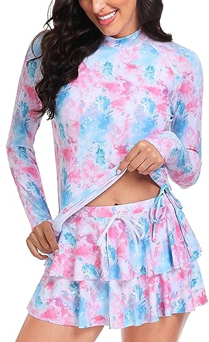 UNIQUEBELLA Rash Guard dam, UV-skydd UPF 50+ långärmad surfskjorta med vackra mönster badmode badskjorta – simning tankini XS-XL rashguard för kvinnor, pulverblå färgning kjol, XL