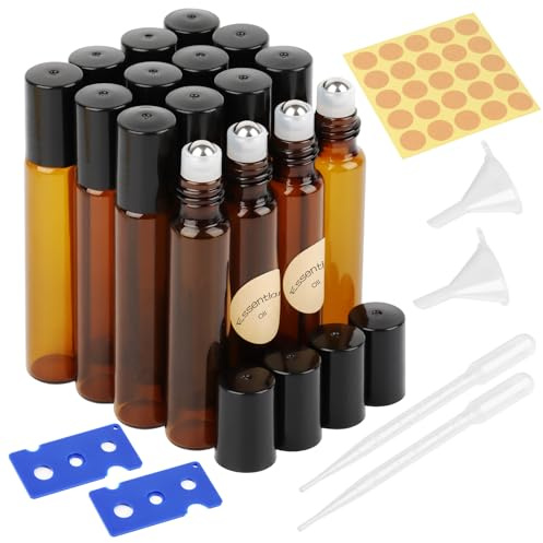 VMUTGA 16 Piezas Botella Roll On Cristal, 10ml Marrón Botellas Rollon para Aceites Esenciales Rellenable Vidrio Botellas de Rodillos con Bola de Acero Inoxidable para Perfumes Aromaterapia Masajes