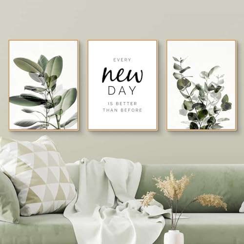 Qeuufieu 3-teiliges Moderne Poster Set, Boho Aesthetic Grün Pflanze Wanddeko Bilder Wohnzimmer Deko Schlafzimmer, Premium Leinwand Bild Wandkunst, ohne Rahmen