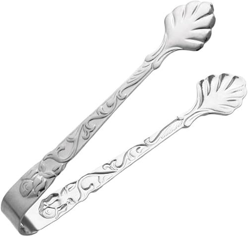 Silver Mini Serving Tongs, Vintage Rose Relief Handle Ice Cube Clips Sugar Tongs, Stainless Steel Sugar Cube, for Tea Coffee Appetizers Desserts