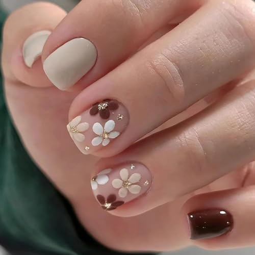 24Pcs Square Fake Nails Short Press on Nails Autumn Winter Maillard Color Removable Glue on Nails for Girl