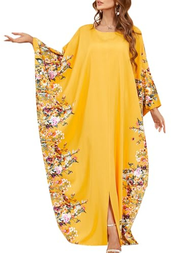 IDOPIP Abayas for Women Muslim Ramadan Dress Batwing Sleeves Floral Maxi Moroccan Kaftan Dresses Pakistani Eid Muslim Wedding Dresses Embroidery Islamic Dubai Robe Prayer Clothes Yellow One Size
