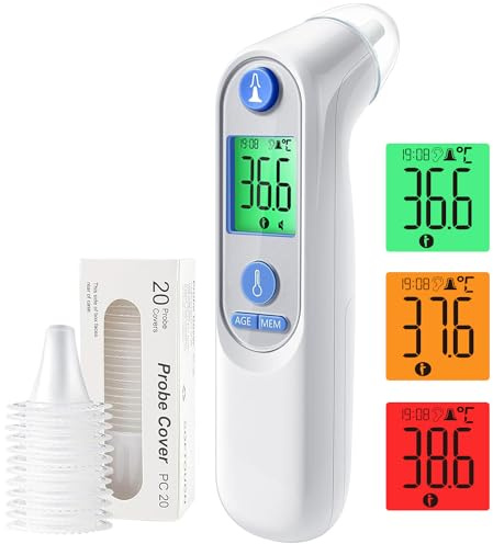Thermomètre Auriculaire Haute Précision pour bébé, Thermomètres Médicaux et accessoires | Mesure rapide en 1 seconde | Indicateur sonore de fièvre | 21 Embouts pour thermometre bebe (Blanc)