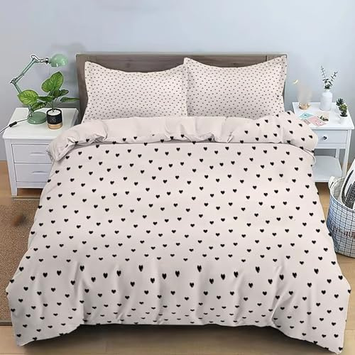 CEDNXOER Set di Biancheria da Letto con Stampa di Cuore D'Amore Nero Rosa Beige, Copripiumino con Cerniera Minimalista Geometrico, Incluso Microfibra Copripiumino 220x240cm e 2 Federe 50x75cm