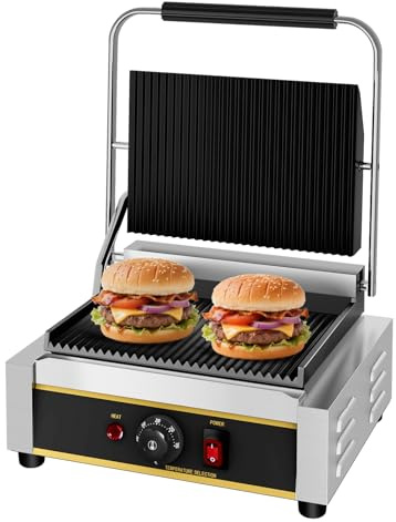 MOOTACO Electric Panini Press Grill, Commercial Sandwich Maker With a Grooved Plate,Non-Stick Contact Sandwich Press Grill,Professional Press Griddle for Steak,Hamburgers,50-300 ° C,2200W