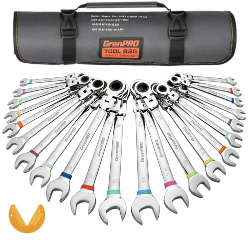 GRENPRO Ratchet Wrenches Set, 23PC Flex Head Ratcheting Wrench Set Metric and Standard & SAE, 6-18mm & 1/4 to 3/4 with Color Ring, CRV Open End Tool Organizer Pouch, Combination Ratchet Wrench Sets
