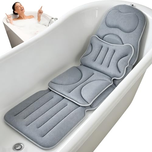 Ganzkörper Badewannenkissen für die Badewanne, Sprudelmatte Badewanne mit Kopfstütze und Lendenwirbelstütze, Badesofa Badewannenkissen mit SaugnäPfen und Hängehaken (Grau)