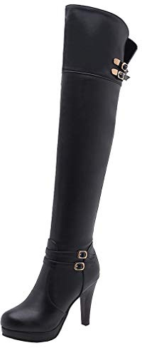 LOVOUO Mode Botte Haute Femme Cuissarde Talon Aiguille Haut Plateforme avec Boucle Stiletto Thigh High Heels Boots Sangle Chaussure Fermeture Eclair Hiver(Noir,42)