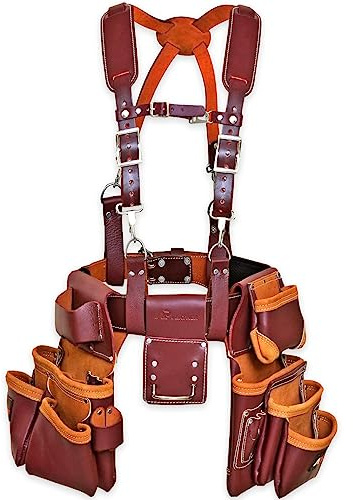 Leather PRO-19 Werkzeuggürtel/-tasche aus 100 % echtem Vollnarbenleder, Werkzeuggürtel mit Hosenträgern, Komfort-Rückenstütz-Werkzeugtaschen mit Hosenträgern für Bau, Rahmen, Kastanienbraun