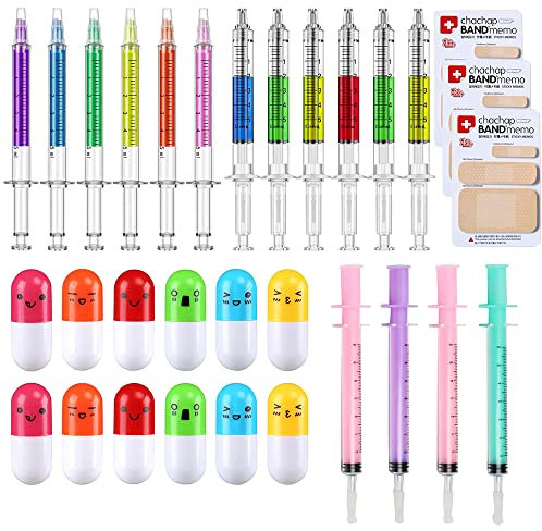 Gobesty 4 Pluma Jeringa Boligrafo Formas, 12 Bolígrafo Jeringa Pluma De Resaltado, Resaltador De Jeringa Pluma, 12Bolígrafos Con Forma De Cápsula Para Estudiante Enfermera Doctores