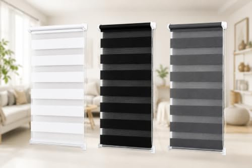Funky Gadgets Day and Night Roller Blinds Dual Layer Fabric Zebra Blind Translucent or Blackout Vision Roller Shades No Drill Blinds Curtains for Windows and Doors Black, 114W x 165H cm
