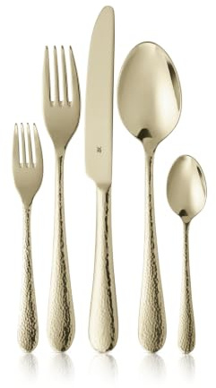 WMF Sitello Besteck Set 6 Personen, Gold-Edition, Essbesteck Set 30 teilig, Monobloc-Messer, Cromargan Edelstahl poliert, Hammerschlag, ergonomisch, glänzend, gold