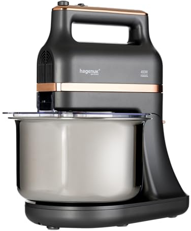 HAGENUK Handmixer-Set | 400 Watt | 5 Geschwindigkeiten plus Pulse | drehende Edelstahlschüssel | verchromtes Zubehör