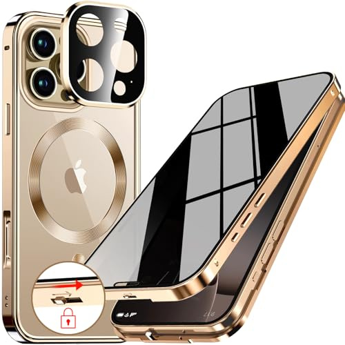 LS LANGSHUN [Sicherheitsschloss] 360 Grad Hülle für iPhone 16 Pro – Gold | [CD-Metallring & Integrierter Linsenschutz] 360 Grad Ganzkörper Sichtschutzhülle mit Integriertem 9H-Glasbildschirm