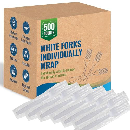 Plastic White Fork Disposable Individually Wrapped - Medium Weight 500pcs. - Ideal for House Party, Backyard BBQ, Picnic, Home