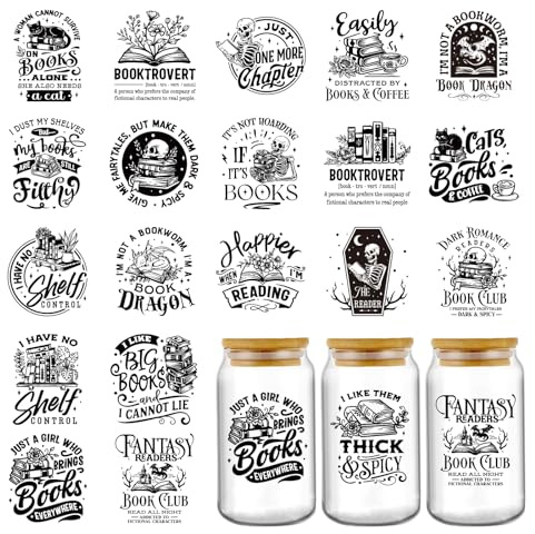 Black Funny UV DTF Stickers - 20 Sheets Reading Books Uvdtf Cup Wraps for Glass 16 oz Cups, Skull Flower Waterproof Transfer Sticker Decals for Water Bottle Craft Decoration Gifts for Book Lovers