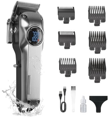 Haarschneidemaschine Profi, Einstellbar Haarschneider Set, Langhaarschneider, Barttrimmer Herren Mit LED Anzeige 6 Führungskämmen Wiederaufladbar Rasierer Herren