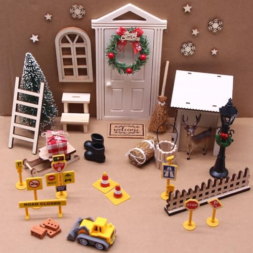 42pcs Puerta Elfo Navidad Set,Wichtel Zubehör Baustelle,Duende Elfo Gnomos Navidad Miniatura, Decoración Adornos Puerta Navidad con ÁRbol de Navidad en Guirnalda para Niños,Excavadora