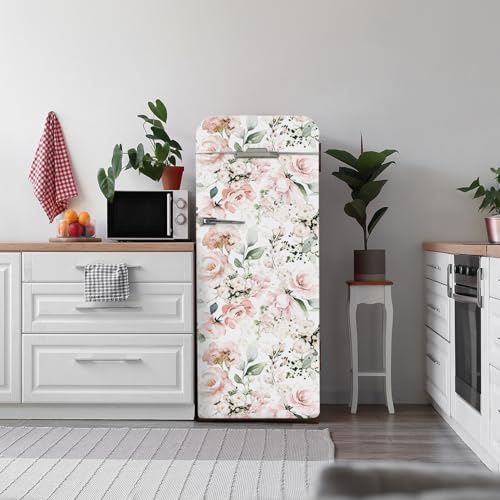 Neukids Adesivi per frigorifero con rose acquerello,staccare e incollare in vinile fiore frigorifero porta,adesivo per porta della cucina, frigorifero pellicola per camera da letto