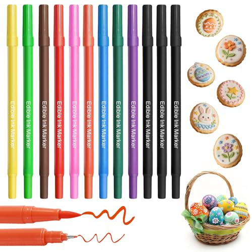 Food Coloring Pens - 12PCS Double Sided Edible Markers with Fine & Thick Tips, Food Grade Gourmet Writer Pens for Fondant, Cakes, Cookies, Frosting, Easter Eggs & Macaron Decorating