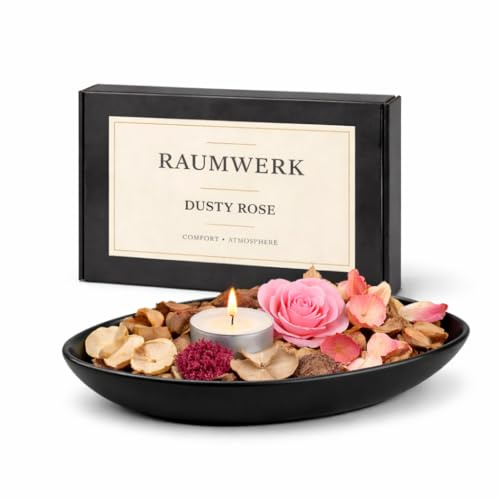 RaumWerk Premium Duft Potpourri Set Dusty Rose mit Schale & 3 Teelichtern – 60g Natur Potpourri – Elegante Dekoschale Schwarz – Floraler Raumduft für Wohnzimmer, Bad & Schlafzimmer – Geschenkidee