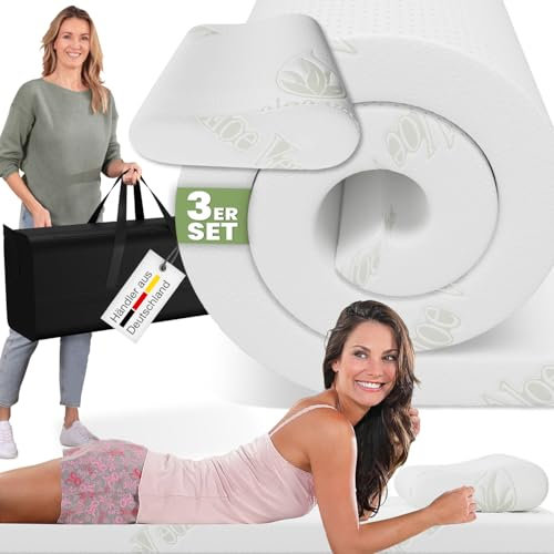 ELONEO Schlaf Topper Reise-Set 3 teilig: Visko-Matratzenauflage, Visko-Kopfkissen, hochwertige Transporttasche, 100% Visco, weiß, Visco-Topper: B 70 x L 200