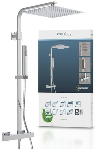 SCHÜTTE 60049 Sistema Pioggia con termostato e Supporto a Parete, 30 x 30 cm, soffione Acciaio Inox, Set Rubinetto, Asta Doccia e doccetta, Cromato, Cromo