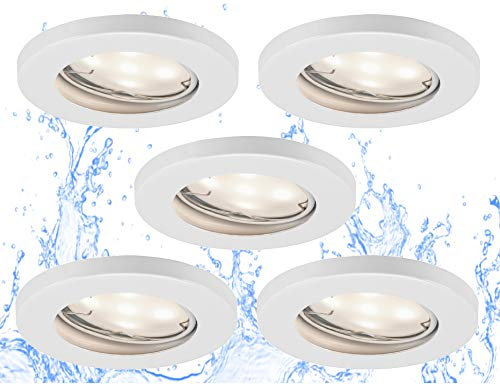 Trango 5er Set dimmbare IP44 LED Einbaustrahler in Weiß 6729IP-056GUSD I Einbauleuchten incl. 5x 5 Watt dimmbare GU10 LED, Bad Spots, Bad Deckenspots, Deckenstrahler, Einbauspots, Spots