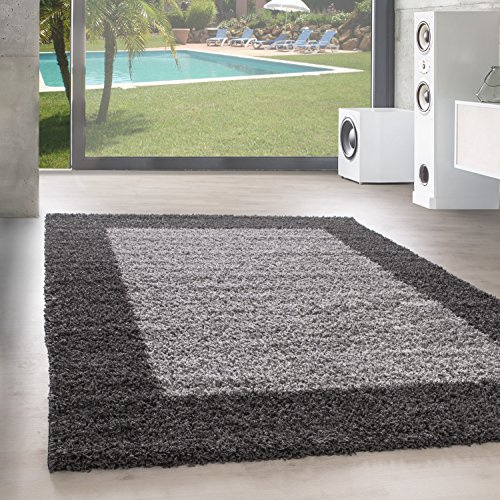 SIMPEX Teppich Wohnzimmer Shaggy Moderne Bordüre Design Grau 120 x 170 cm - Hochflor Teppich Schlafzimmer Extra Weich und Pflegeleicht - Flauschiger Teppich Langflor für Küche Carpet Living Room
