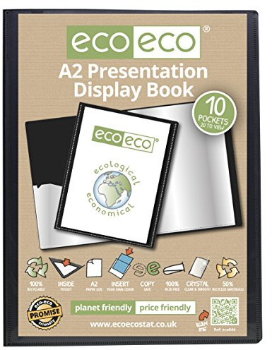 eco-eco A2 storlek 50% återvunnen 10 fickor svart presentationsbok, förvaringsfodral, portfölj, konstmapp med plasthylsor