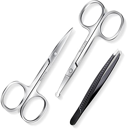 2 Stück Bartschere Nasenhaarschere Augenbrauenschere Set, Profi Nagelschere mit Pinzette inkl Wimpern Augenbrauen Trimmer Edelstahl Schere Set mit fein gebogener Schnittfläche für Männer Frauen