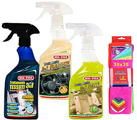 Ma-Fra Kit Trattamento Auto Interno ED Esterno. TRATTAMENTO 3IN1 PELLE- PLASTICHE- TRATTAMENTO 3IN1 TESSUTO, più 7 Panni Microfibra Multiuso 30x35 cm