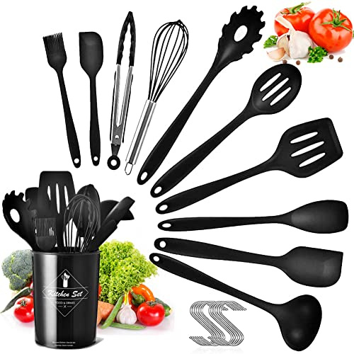 Silicone Utensil Set Kitchen Utensils - 11pcs Cooking Utensils Set with Holder Kitchenware Turner Spatula Cooking Tong Spoon Non-Stick Heat Resistant