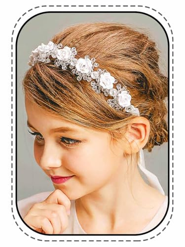 IYOU Haarschmuck Kommunion Hochzeit Kopfschmuck Weiß Blume | Stirnband Kristall Braut Haarrebe für Prinzessin Blumenmädchen Brautjungfer