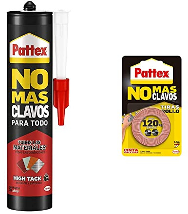 Pattex No Más Clavos Para Todo HighTack, adhesivo de montaje resistente a temperaturas extremas+ cinta adhesiva para aplicaciones permanentes, cinta de doble cara extrafuerte