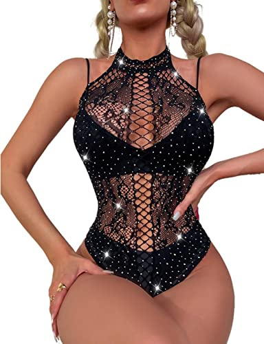 Bommi Fairy Body da donna in rete, senza maniche, slim bodies, parte sexy, in pizzo, body elegante, Nero , XS-XXL