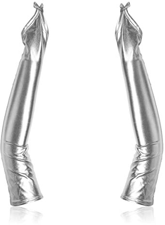 Huralona Super lange Metallic-Satin-Handschuhe, Kunstleder, sexy, Wetlook, Ellenbogenlänge, lange Handschuhe, Fingerlos-Silber, Lange