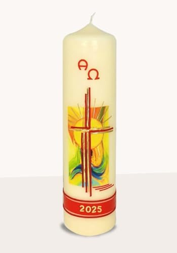 Kopschitz Osterkerze bunt, Kreuz Gold, Abschlussband A und O, JZ 270 x Ø 70 mm