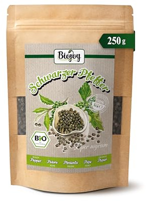 Biojoy EKO Svartpeppar hel, pepparkorn för kvarn, 250 g | Pepparbär från Sri Lanka, torkade, Piper nigrum L.