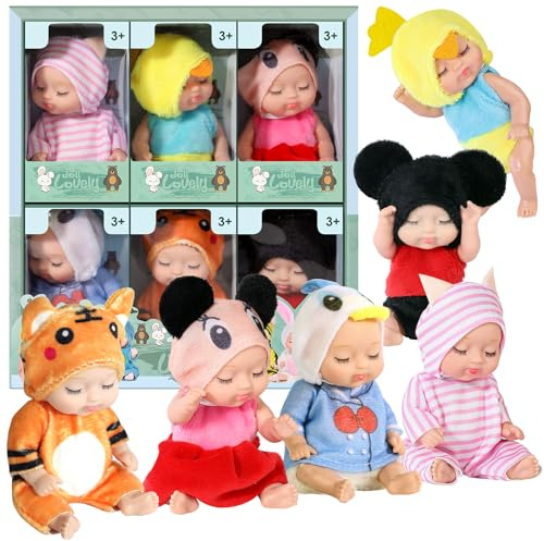 Super-Life 6 Sets 4 Inch Dolls Mini Reborn Baby Dolls with Animal Clothes Realistic Baby Doll Set for Girls Boys Toddlers and Kids 3+ (B)