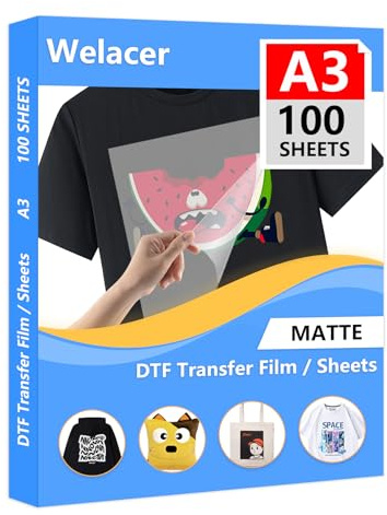 Welacer Lot de 99 feuilles de film de transfert DTF transparent double face pour imprimante à jet d'encre Format A3 (29,7 x 42 cm)