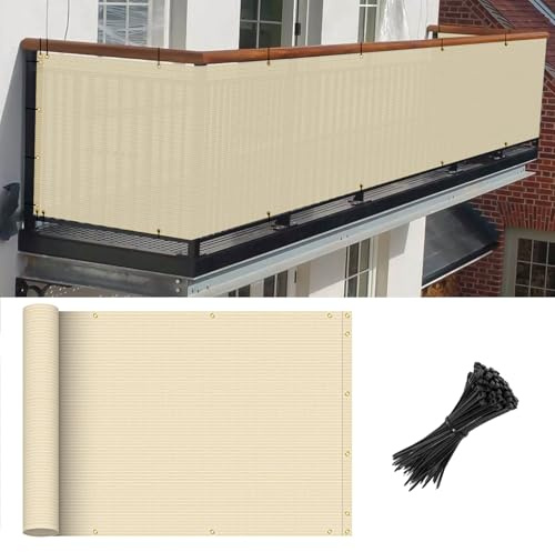 Goleray 3'x15' Beige Balcony Privacy Screen Fence Outdoor Patio Mesh Shade Net Cover, UV Protection Shade Cloth Temporary Fencing for Apartment Railing Porch Deck