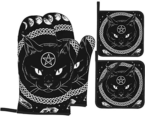 4 Stück Ofenhandschuh Und Topflappen Set Dreifache Mondgöttin Hexe Hexerei Katze Schwarzes Pentagramm Topflappen Anti-Rutsch Ofen Mitts Hitzebeständige Backofenhandschuhe Für BBQ, Geschenke