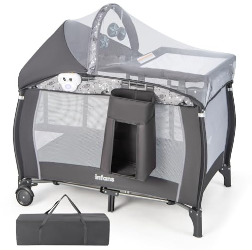 INFANS 4 in 1 Pack and Play, Portable Travel Baby Playard with Bassinet, Changing Table, Canopy, Mosquito Net, Hanging Toys, Music Box, Storage Bag, Large Playpen from Newborn to Toddlers (Grey)