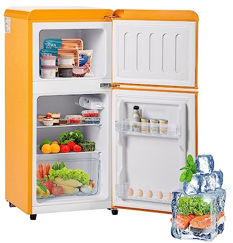 kubeier Mini frigo Réfrigérateur à Boissons, Petit réfrigérateur pour Champagne, Mini réfrigérateur 60L, Congélateur de 22 litres, 163 kWh/an, -27°C ∽ 13°C, éclairage LED, Classe énergétique F,Yellow