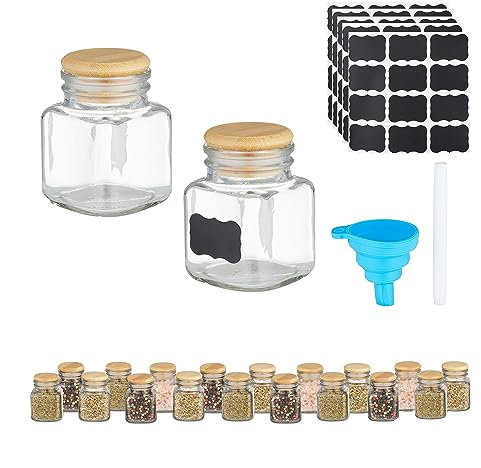 Relaxdays Barattoli Spezie, Set di 20 Vasetti in Vetro 100 ml, Contenitori con Coperchio in bambù, Etichette e Imbuto, Silicone
