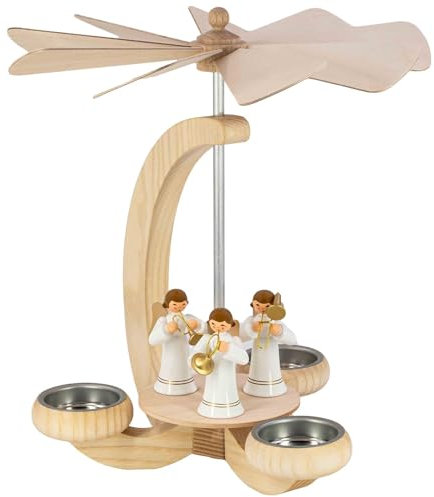 Seiffener Volkskunst | Erzgebirge Pyramide Weihnachtspyramide Teelichtpyramide | Handwerkskunst aus Deutschland | echte Handarbeit | 25 cm | Engel weiß mit Instrumenten