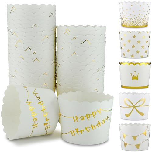 Frau WunderVoll® 25 Muffin Backformen weiß Gold (metallic) Happy Birthday Durchmesser 6,1 cm/goldene Muffins Muffinbackform Muffinform Form Backförmchen Cupcake Formen Förmchen Papier Cupcakeformen