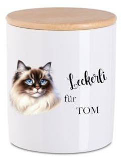zauselbart Leckerlidose Katze - Personalisiert mit Name - Aufbewahrungsdose Katzenfutter - Vorratsdose Keramik mit Holzdeckel - M (14x10x10cm)